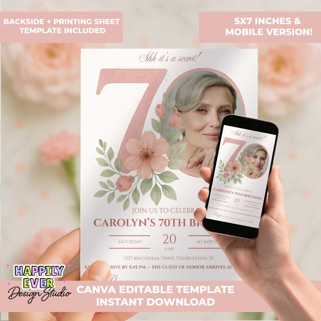70th Birthday Invitation with Photo Template, Floral Surprise 70th Birthday Party Invite | Women’s Seventy Birthday , Pink 70 th birthday image 1