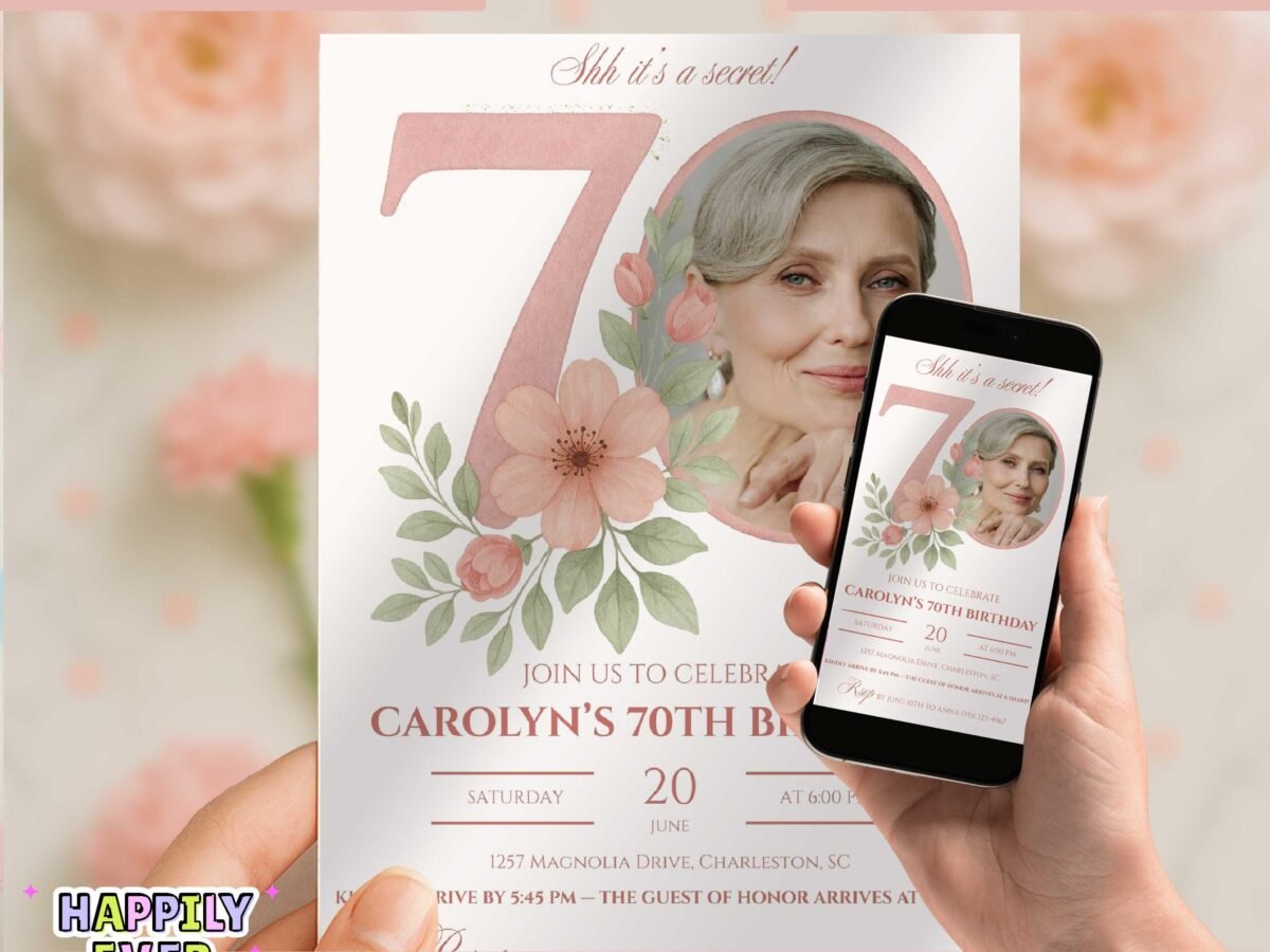 70th Birthday Invitation with Photo Template, Floral Surprise 70th Birthday Party Invite | Women’s Seventy Birthday , Pink 70 th birthday image 1