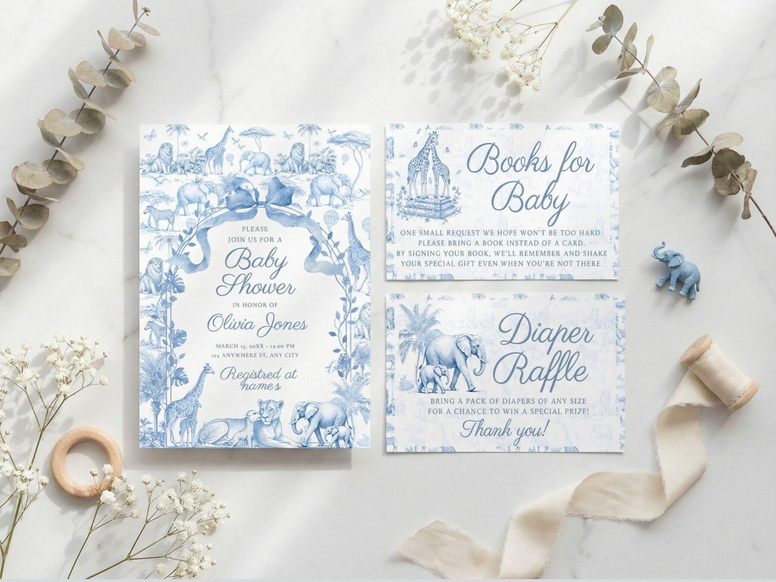 Blue Toile Safari Baby Boy Shower Invitation Bundle , Vintage French Blue Floral Bow Invitation , Safari Animal Theme Baby Shower Invite image 1