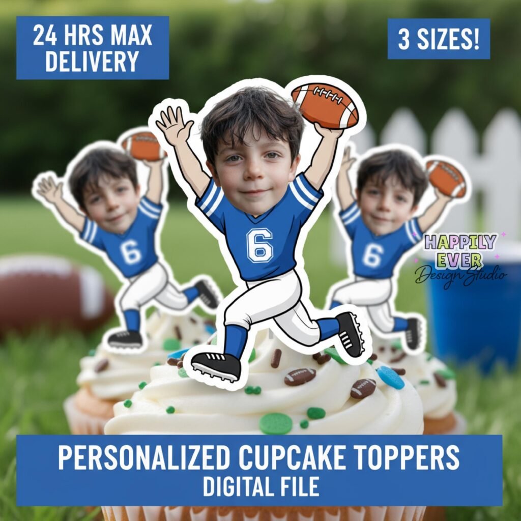 Football Cupcake Toppers Photo Personalized , football birthday Decor , American Football Personalized Photo Decor, Custom Photo Topper image 1
