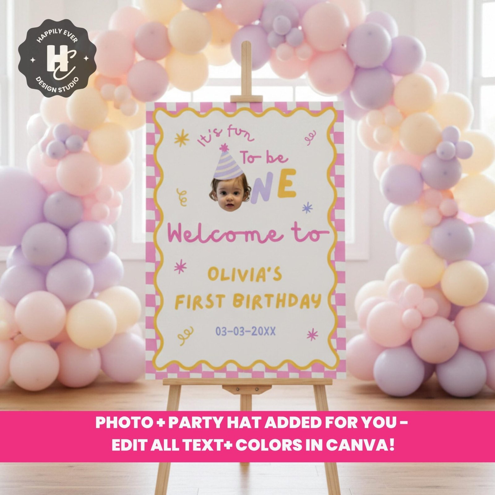 Fun To Be One 1st Birthday Welcome Sign, Colorful First Birthday Decor , Custom Photo 1st Birthday Sign , One is Fun Party Hat Kid image 1
