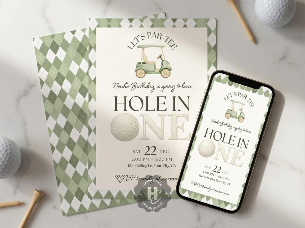 Golf First Birthday Invitation , Hole In One Birthday Invitation, Let's Par-Tee 1st Birthday Invite , One Hole Year Birthday, HIOV2 image 1