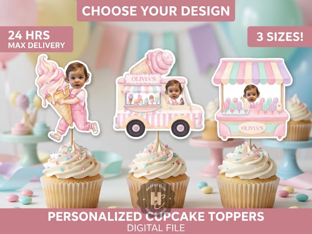 Ice Cream Cupcake Toppers with Photo , Sweet One & Two Sweet Birthday Decor, Two Scoops Party , Ice Cream Truck Birthday Decor image 1