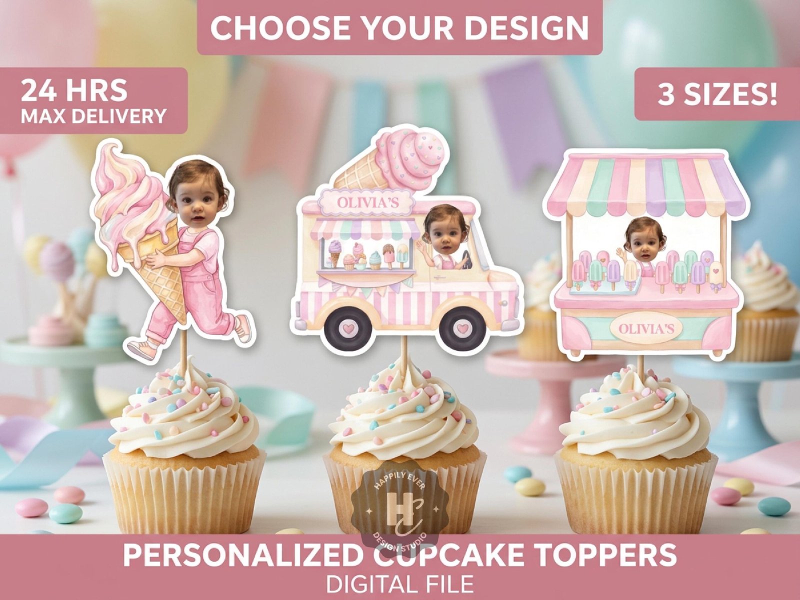 Ice Cream Cupcake Toppers with Photo , Sweet One & Two Sweet Birthday Decor, Two Scoops Party , Ice Cream Truck Birthday Decor image 1