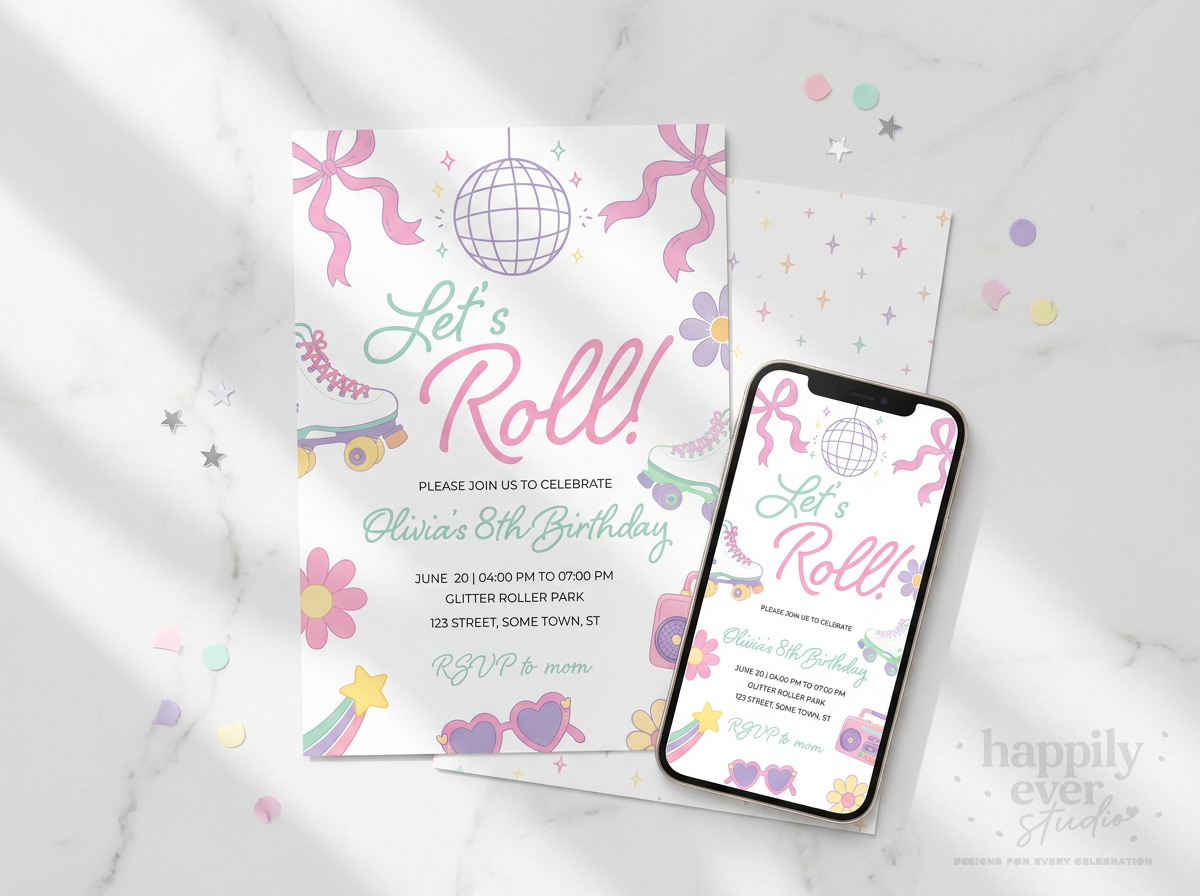 Let's Roll Roller Skating Birthday Invitation Suite