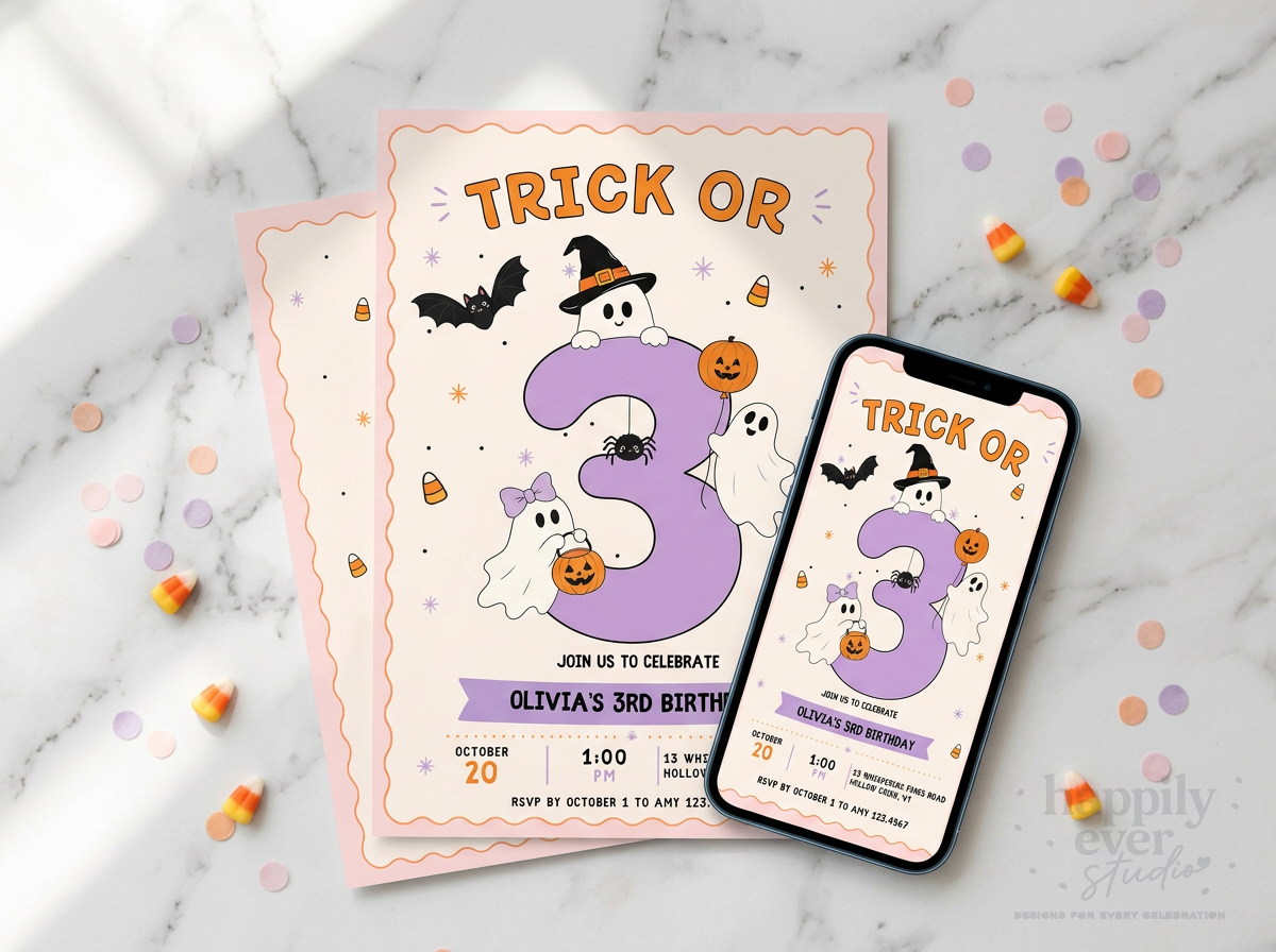 Trick or Three Pink Halloween 3rd Birthday Invitation Suite